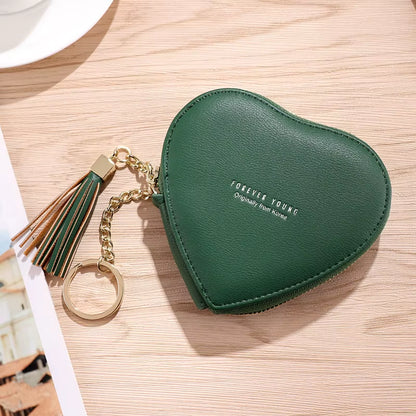 Fashion Heart Shape Women'S Wallets PU Leather Tassels Zipper Mini Clutch Key Ring Coin Money Bag Girls Cute Small Purse