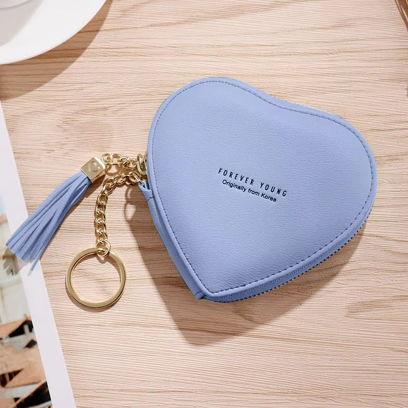 Fashion Heart Shape Women'S Wallets PU Leather Tassels Zipper Mini Clutch Key Ring Coin Money Bag Girls Cute Small Purse