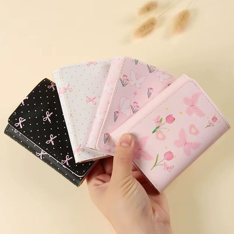 Cute Bow Wallet Women Sweet Pink Color Style Floral Purse Card Holder for Girl Portable Travel Cash Coin Photo Card Bag