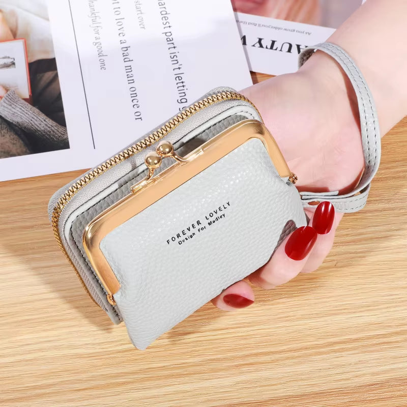 2023 New Women'S Wallet Card Holder Wrist Strap Short Wallet Multi-Cards Holder Coin Purse Women Leather Zipper Hasp Clutch Bag