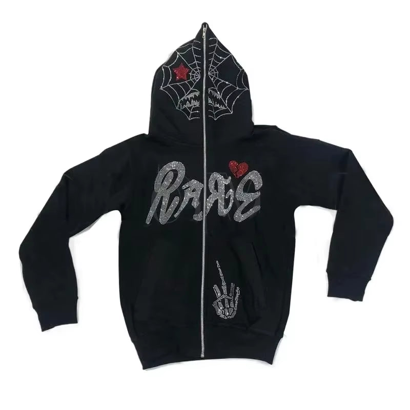 Autumn Fashion Punk Y2K Gothic Grunge Rhinestones Spider Web Zip up Hoodies Long Sleeve Coat