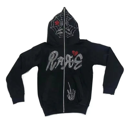 Autumn Fashion Punk Y2K Gothic Grunge Rhinestones Spider Web Zip up Hoodies Long Sleeve Coat