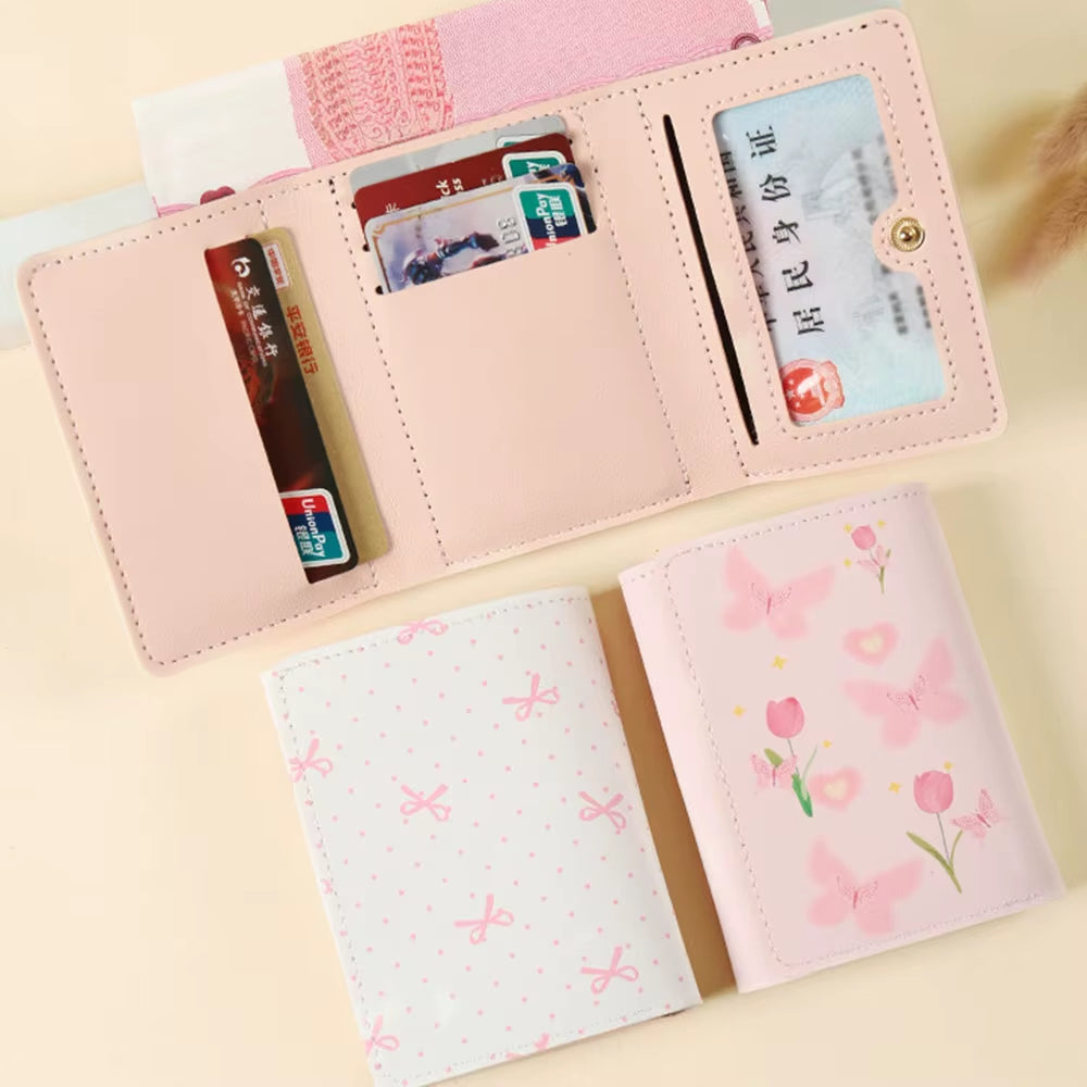 Cute Bow Wallet Women Sweet Pink Color Style Floral Purse Card Holder for Girl Portable Travel Cash Coin Photo Card Bag