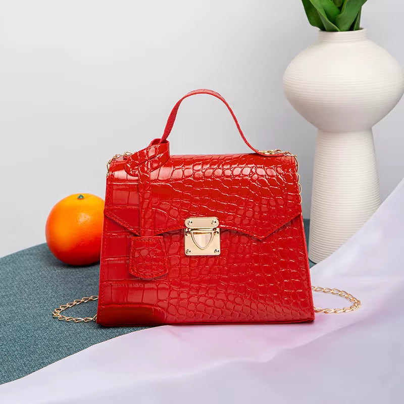 Chic Crocodile-Embossed Mini Handbag for Women Solid Color, Twist Lock Closure Handbags Women Designer Tote Bag for Women Purse