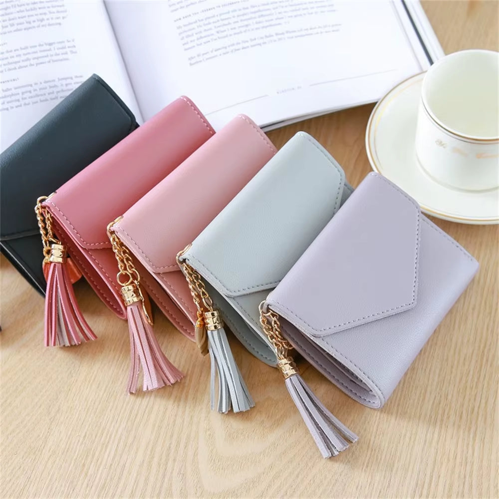 Short Women'S Wallet Tassel Pendant Coin Purse Mini Portable Lady Leather Folding Envelope Card Holder Money Bag Girls Gift