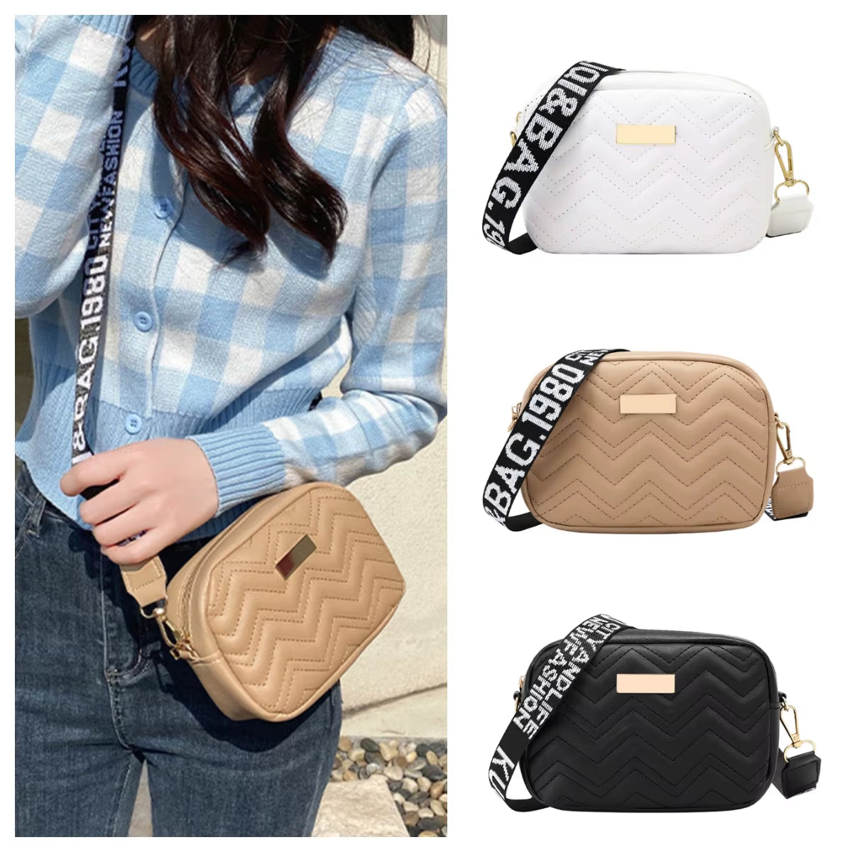 Fashionable Shoulder Bag for Women Wavy Pattern Crossbody Bag Trendy Girl Strap Bag Purse Solid Color Handbags Pu Leather