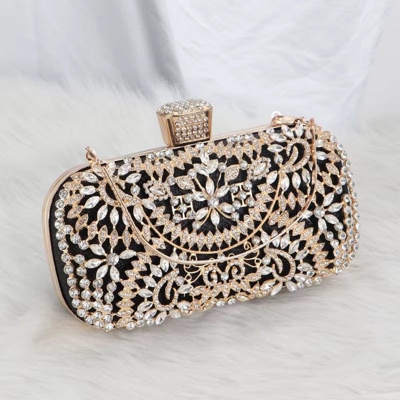 Diamond Evening Clutch for Women Wedding Mini Purse Chain Shoulder Bag Small Hollow Out Flowers Crystal Party Handbag