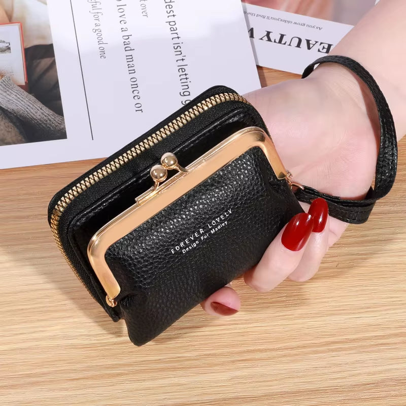 2023 New Women'S Wallet Card Holder Wrist Strap Short Wallet Multi-Cards Holder Coin Purse Women Leather Zipper Hasp Clutch Bag