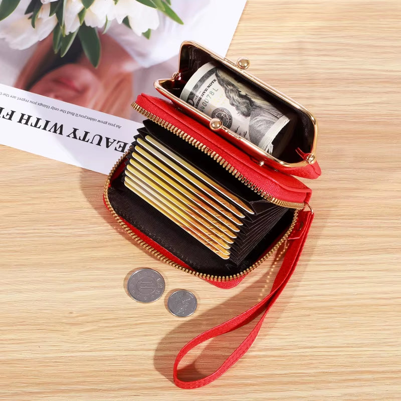 2023 New Women'S Wallet Card Holder Wrist Strap Short Wallet Multi-Cards Holder Coin Purse Women Leather Zipper Hasp Clutch Bag