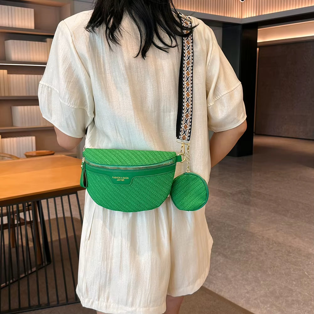 Jacquard Woven Strap Banana Bag PU Leather Waist Bag with Coin Purse Women'S Fashion Crossbody Bag Ladies Chest Bag Shoulder Bag