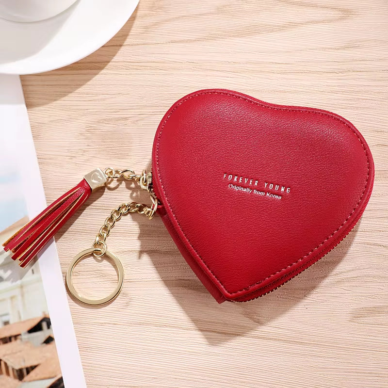 Fashion Heart Shape Women'S Wallets PU Leather Tassels Zipper Mini Clutch Key Ring Coin Money Bag Girls Cute Small Purse