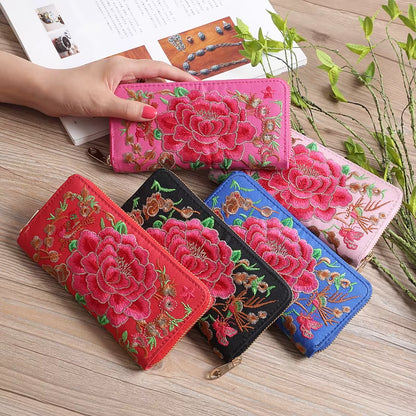 Ethnic Style Embroidery Ladies Wallets Rose Pattern Long Clutch Cloth Money Bag Large Capacity Phone Pocket Women Coin Purse