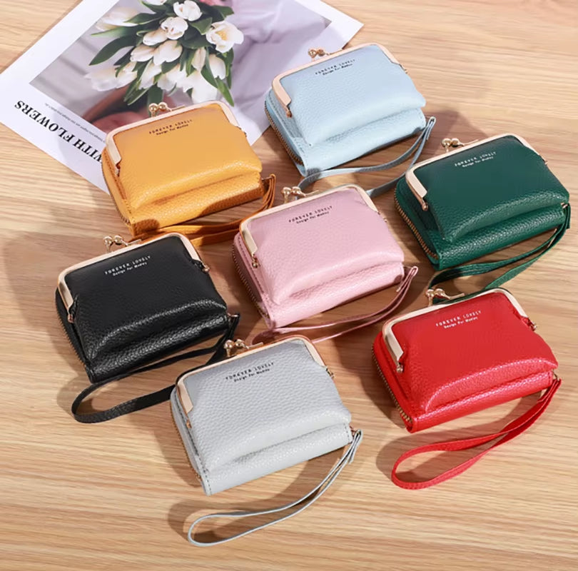 2023 New Women'S Wallet Card Holder Wrist Strap Short Wallet Multi-Cards Holder Coin Purse Women Leather Zipper Hasp Clutch Bag