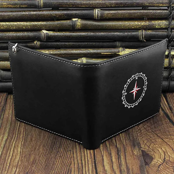 Black Leather Men's Wallet with Compass Design with Removeable chain