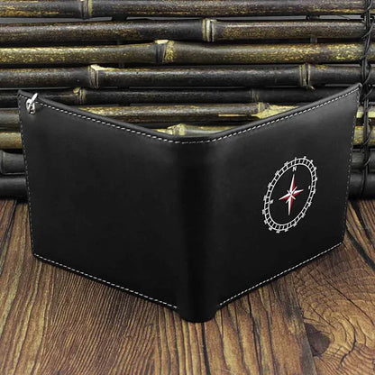 Black Leather Men's Wallet with Compass Design with Removeable chain