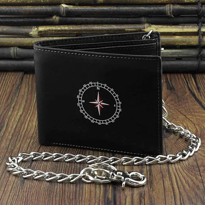 Black Leather Men's Wallet with Compass Design with Removeable chain