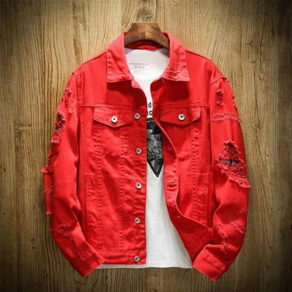 Spring and Autumn New Men's Jacket Hole Embroidered Denim Jacket Couple Trend Denim Jacket XS-5XL