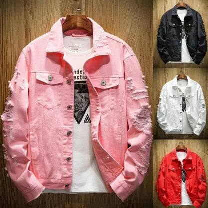 Spring and Autumn New Men's Jacket Hole Embroidered Denim Jacket Couple Trend Denim Jacket XS-5XL