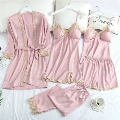 Women Nightgowns Pajama's Set of Satin Fabric Breathable Pajamas Set with Robes 5 PCS Set Sleepwear Lounge Wear Nightgowns