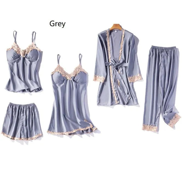 Women Nightgowns Pajama's Set of Satin Fabric Breathable Pajamas Set with Robes 5 PCS Set Sleepwear Lounge Wear Nightgowns