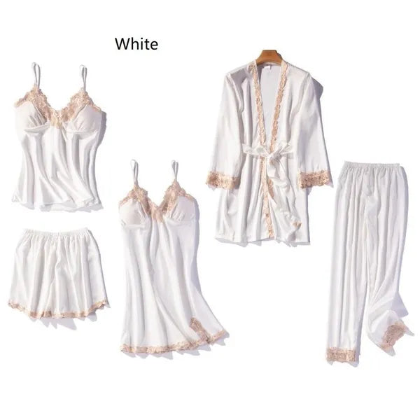 Women Nightgowns Pajama's Set of Satin Fabric Breathable Pajamas Set with Robes 5 PCS Set Sleepwear Lounge Wear Nightgowns