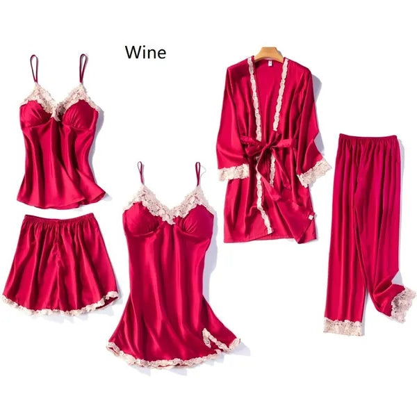 Women Nightgowns Pajama's Set of Satin Fabric Breathable Pajamas Set with Robes 5 PCS Set Sleepwear Lounge Wear Nightgowns