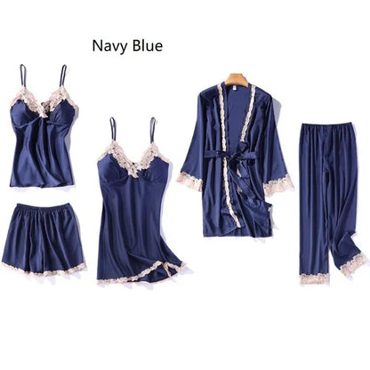 Women Nightgowns Pajama's Set of Satin Fabric Breathable Pajamas Set with Robes 5 PCS Set Sleepwear Lounge Wear Nightgowns