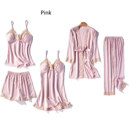 Women Nightgowns Pajama's Set of Satin Fabric Breathable Pajamas Set with Robes 5 PCS Set Sleepwear Lounge Wear Nightgowns