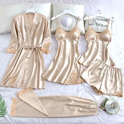 Women Nightgowns Pajama's Set of Satin Fabric Breathable Pajamas Set with Robes 5 PCS Set Sleepwear Lounge Wear Nightgowns