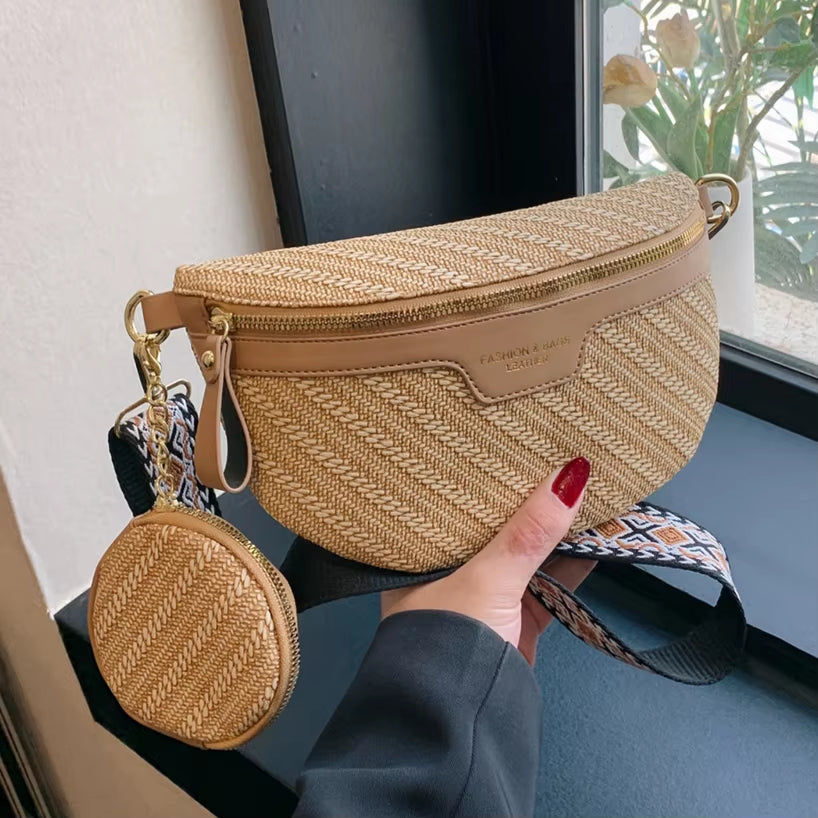 Jacquard Woven Strap Banana Bag PU Leather Waist Bag with Coin Purse Women'S Fashion Crossbody Bag Ladies Chest Bag Shoulder Bag