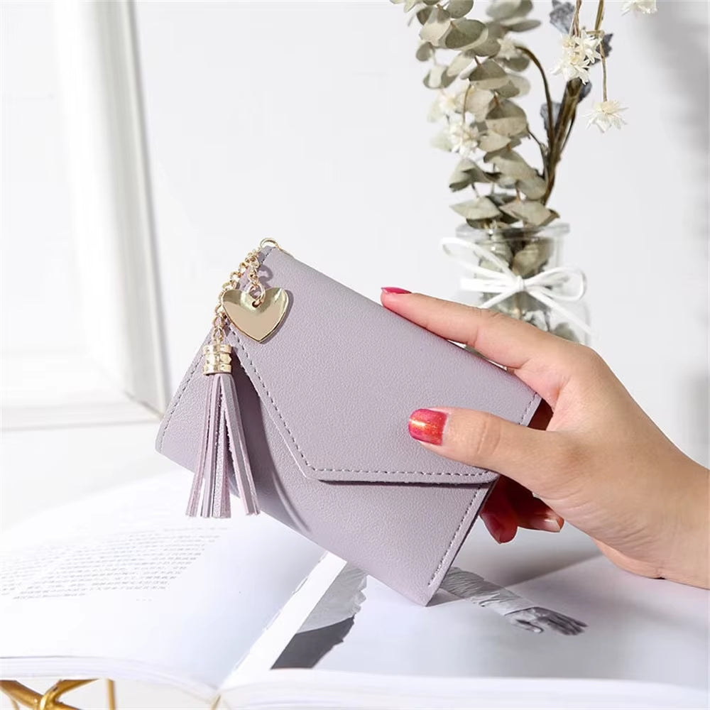 Short Women'S Wallet Tassel Pendant Coin Purse Mini Portable Lady Leather Folding Envelope Card Holder Money Bag Girls Gift