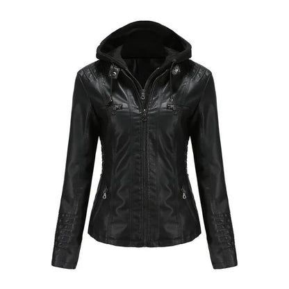 VANGULL Brand Women's Hooded Leather Jacket Two-piece Detachable Large Size Spring and Autumn PU Washed Leather Jacket