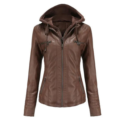 VANGULL Brand Women's Hooded Leather Jacket Two-piece Detachable Large Size Spring and Autumn PU Washed Leather Jacket