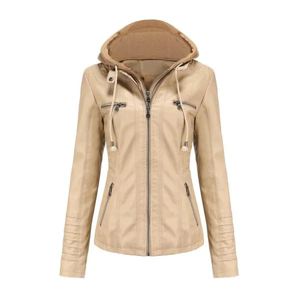 VANGULL Brand Women's Hooded Leather Jacket Two-piece Detachable Large Size Spring and Autumn PU Washed Leather Jacket