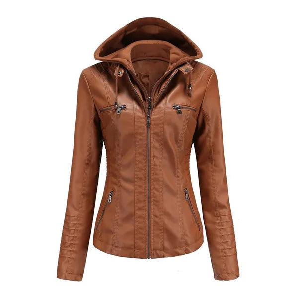 VANGULL Brand Women's Hooded Leather Jacket Two-piece Detachable Large Size Spring and Autumn PU Washed Leather Jacket