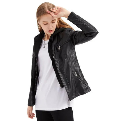 VANGULL Brand Women's Hooded Leather Jacket Two-piece Detachable Large Size Spring and Autumn PU Washed Leather Jacket