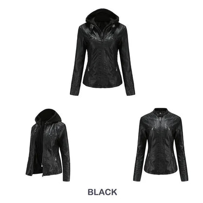 VANGULL Brand Women's Hooded Leather Jacket Two-piece Detachable Large Size Spring and Autumn PU Washed Leather Jacket