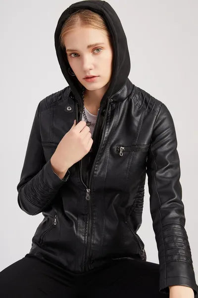 VANGULL Brand Women's Hooded Leather Jacket Two-piece Detachable Large Size Spring and Autumn PU Washed Leather Jacket