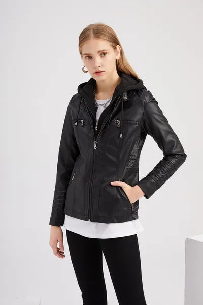 VANGULL Brand Women's Hooded Leather Jacket Two-piece Detachable Large Size Spring and Autumn PU Washed Leather Jacket