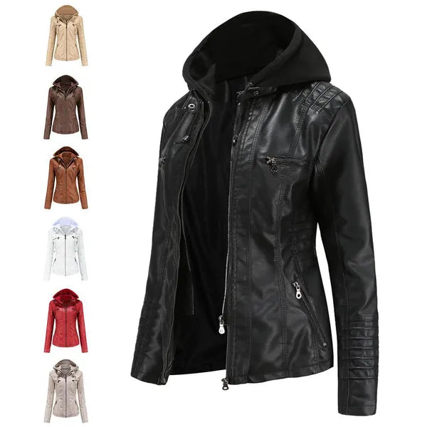 VANGULL Brand Women's Hooded Leather Jacket Two-piece Detachable Large Size Spring and Autumn PU Washed Leather Jacket