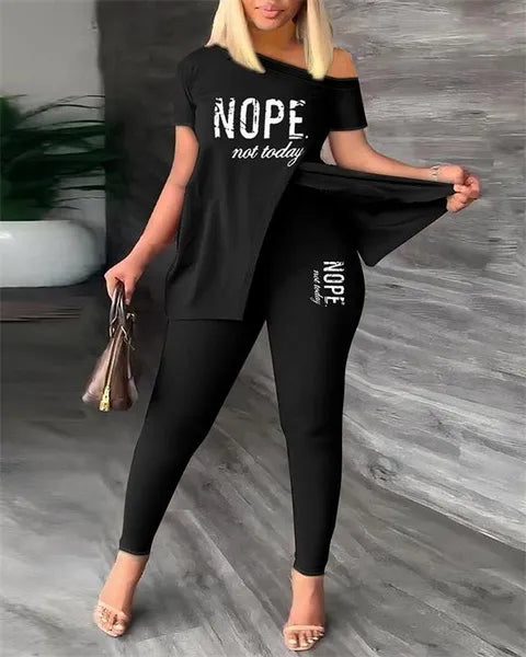 New Women's Clothing Activewear & Loungewear Plus Size Casual Outfits Set Women's Plus Ombre Print One Shoulder Split Hem Top & Pants 2pcs Set