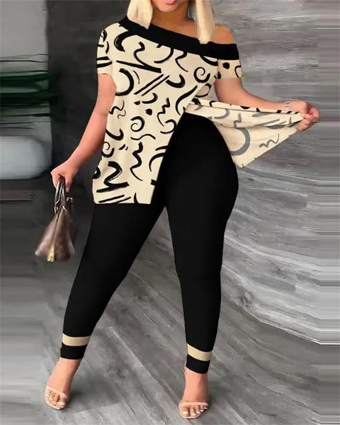 New Women's Clothing Activewear & Loungewear Plus Size Casual Outfits Set Women's Plus Ombre Print One Shoulder Split Hem Top & Pants 2pcs Set