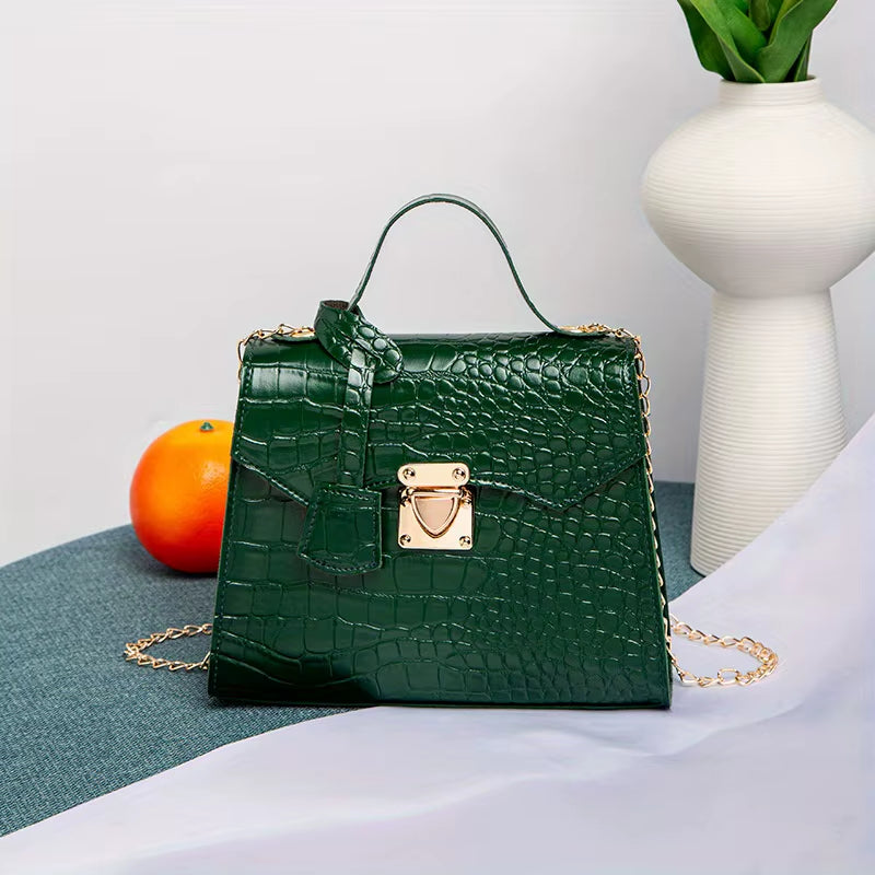 Chic Crocodile-Embossed Mini Handbag for Women Solid Color, Twist Lock Closure Handbags Women Designer Tote Bag for Women Purse