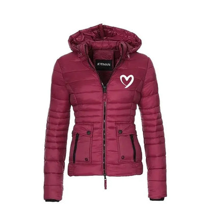 Trending Women Cute Heart Printed Light Down Jacket Hooded Winter Casual Jackets Women Slim Long Sleeve Parka Zipper Coats Pockets