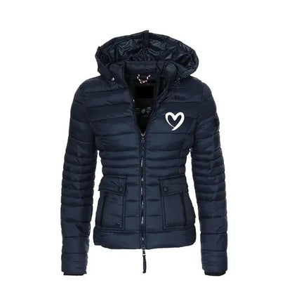 Trending Women Cute Heart Printed Light Down Jacket Hooded Winter Casual Jackets Women Slim Long Sleeve Parka Zipper Coats Pockets