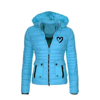 Trending Women Cute Heart Printed Light Down Jacket Hooded Winter Casual Jackets Women Slim Long Sleeve Parka Zipper Coats Pockets