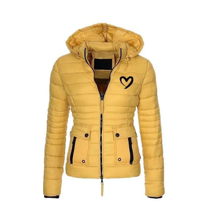 Trending Women Cute Heart Printed Light Down Jacket Hooded Winter Casual Jackets Women Slim Long Sleeve Parka Zipper Coats Pockets