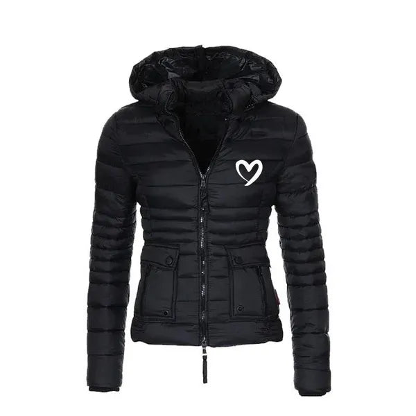 Trending Women Cute Heart Printed Light Down Jacket Hooded Winter Casual Jackets Women Slim Long Sleeve Parka Zipper Coats Pockets