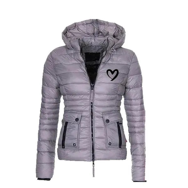 Trending Women Cute Heart Printed Light Down Jacket Hooded Winter Casual Jackets Women Slim Long Sleeve Parka Zipper Coats Pockets