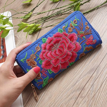 Ethnic Style Embroidery Ladies Wallets Rose Pattern Long Clutch Cloth Money Bag Large Capacity Phone Pocket Women Coin Purse